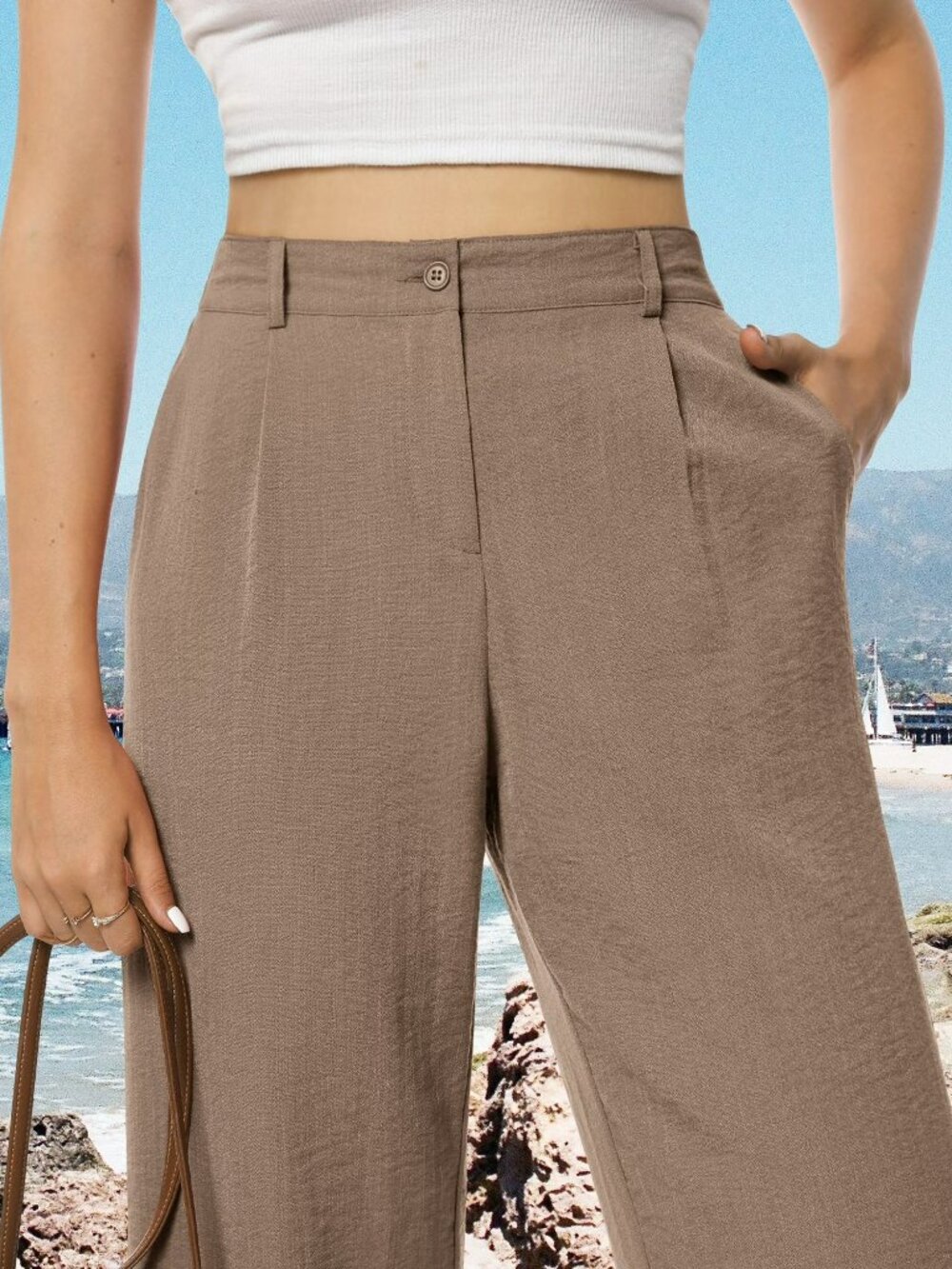 Airmenty Women's Casual High-Waisted Wide-Leg Trousers Pants Light Tan NWT XXL